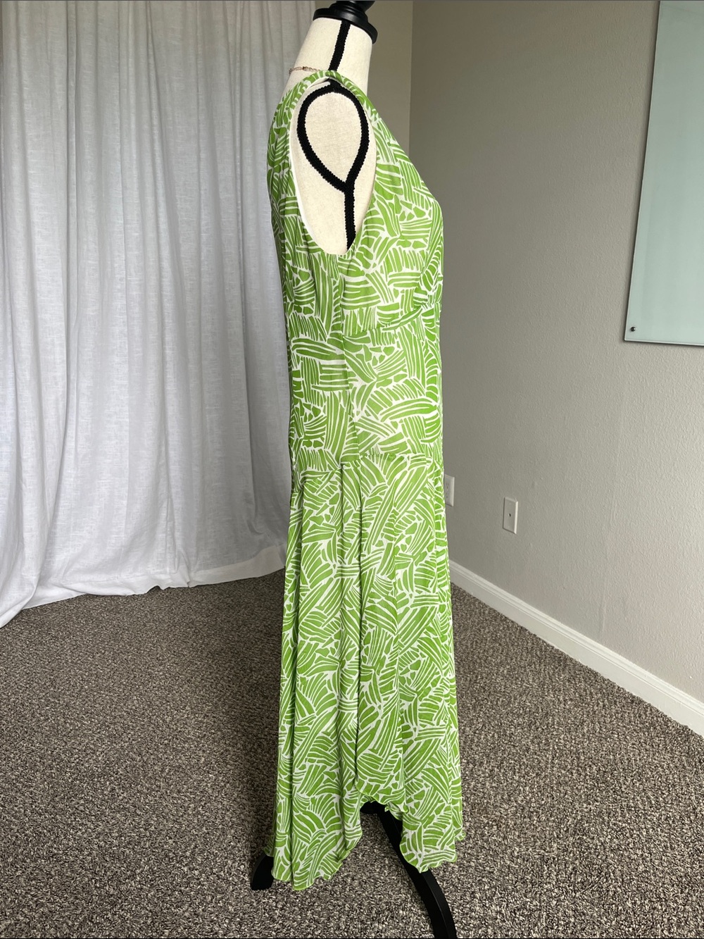 Green Ivory Abstract Brushstroke Print Midi Dress Asymmetrical Hem Size 10/12 - Picture 6 of 9